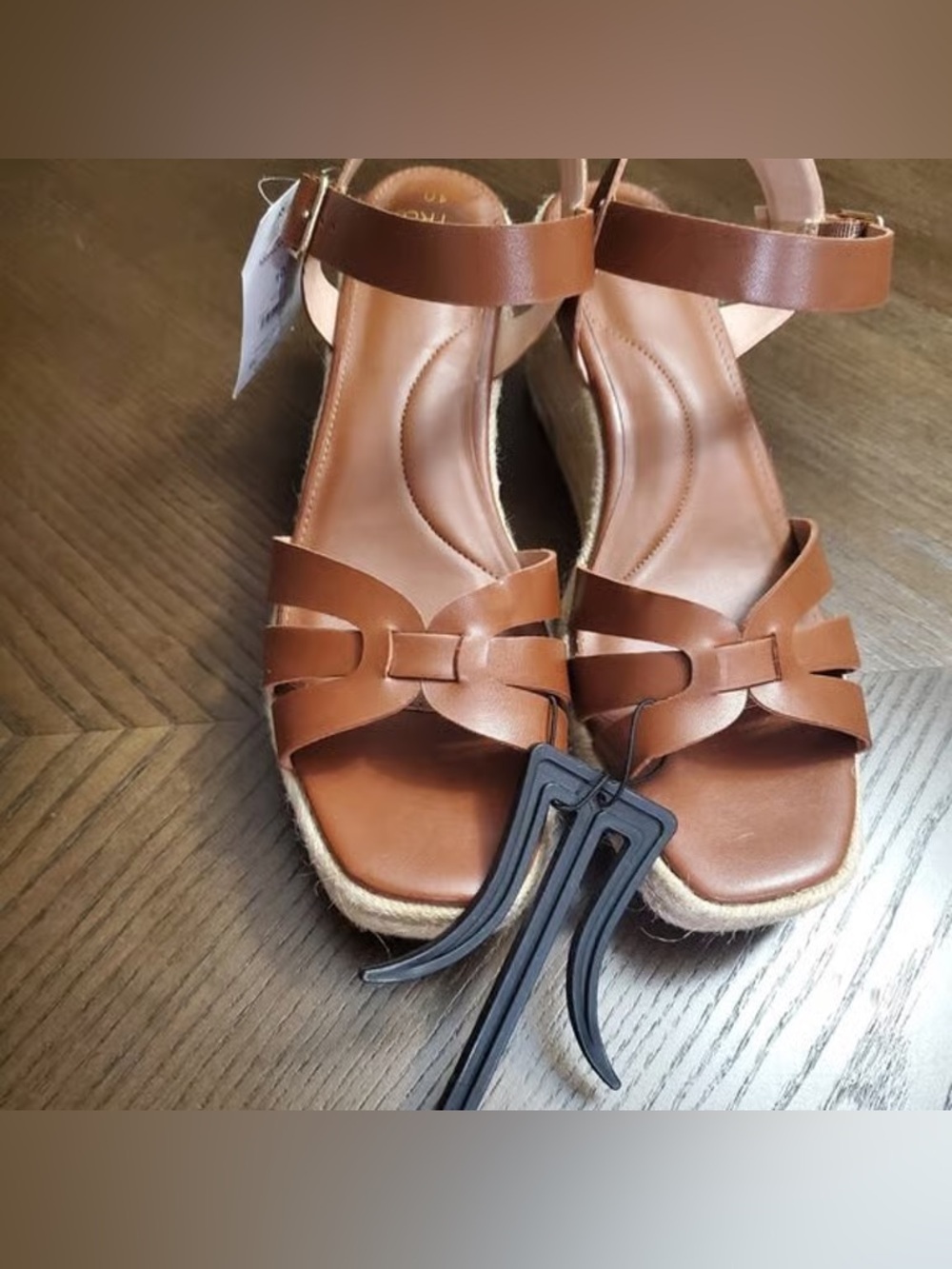 Time and Tru Tan Leather Wedge Sandals with Ankle Strap
